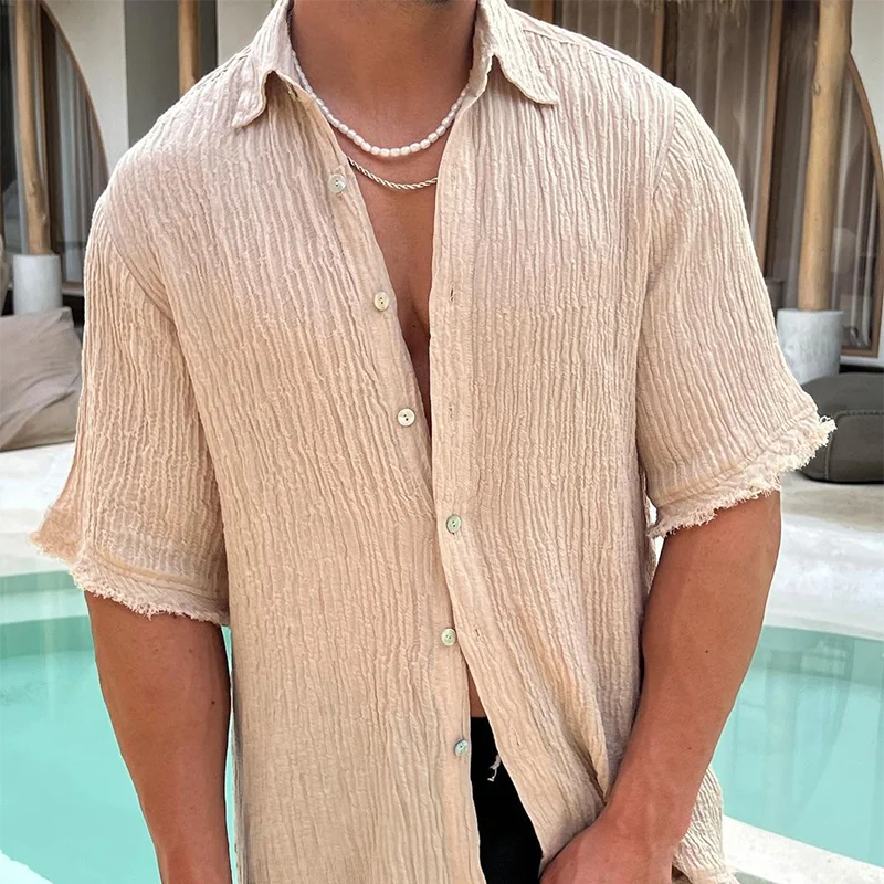 2026 Men's Cotton-Linen Shirt &mdash; Short Sleeve, Casual, Loose-Fit, Solid Color, Trendy, Turn-Down Collar, Button-Down Shir-INSPIREUSE