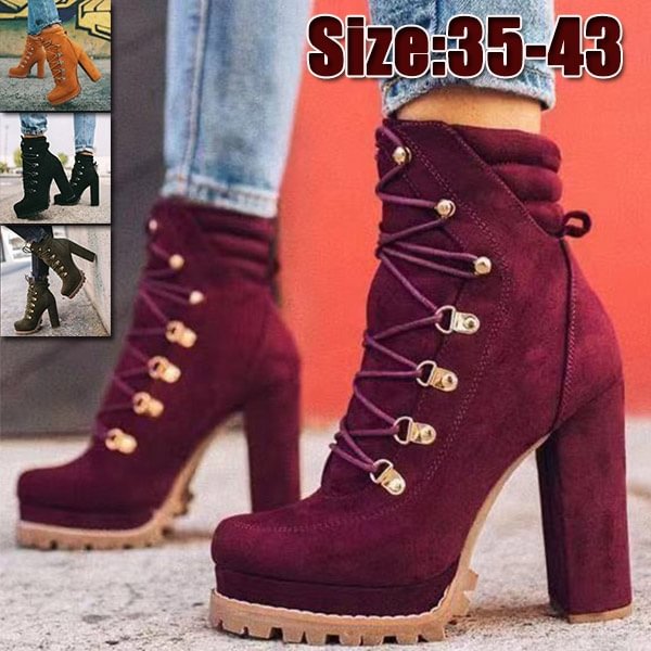 New Autumn Winter Women High Block Heel Pure Color Suede Lace-up Ankle Boots Martin Boots Femenina Casual Vintage Heels Boots Plus Size 35-43 - Shop Trendy Women's Clothing | LoverChic