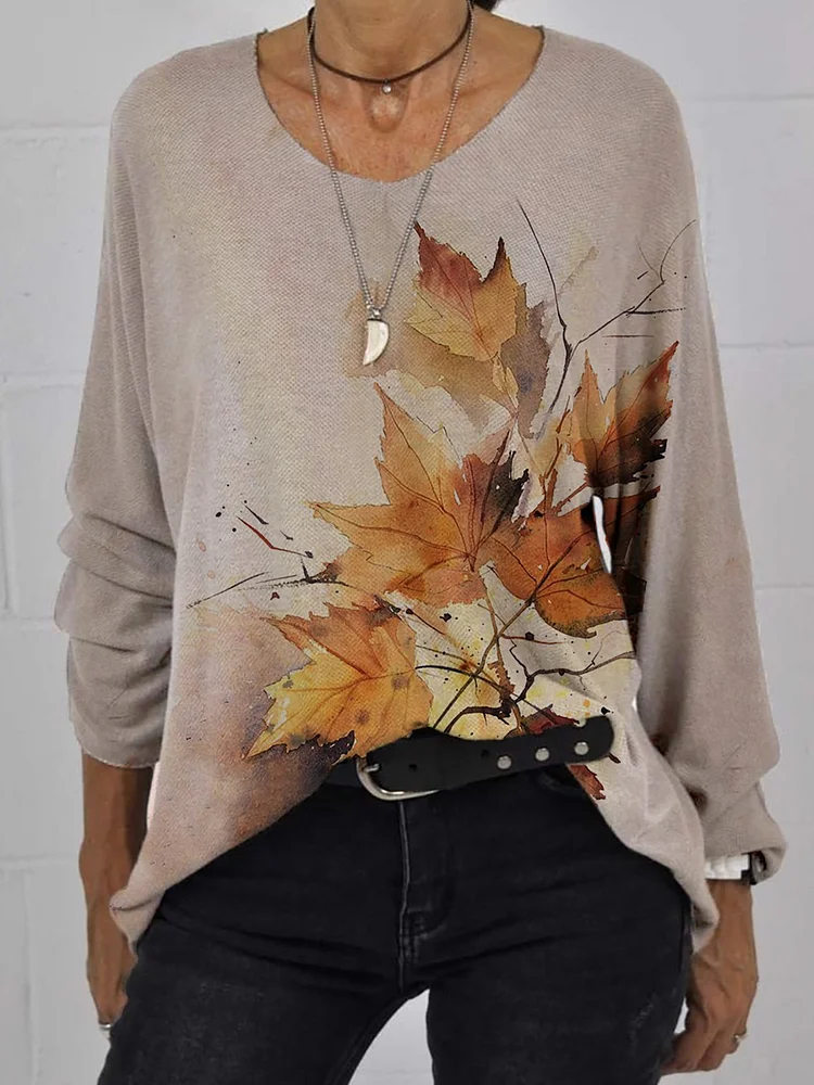 Casual Leaf Print Off Shoulder Long Sleeve V-Neck Tops