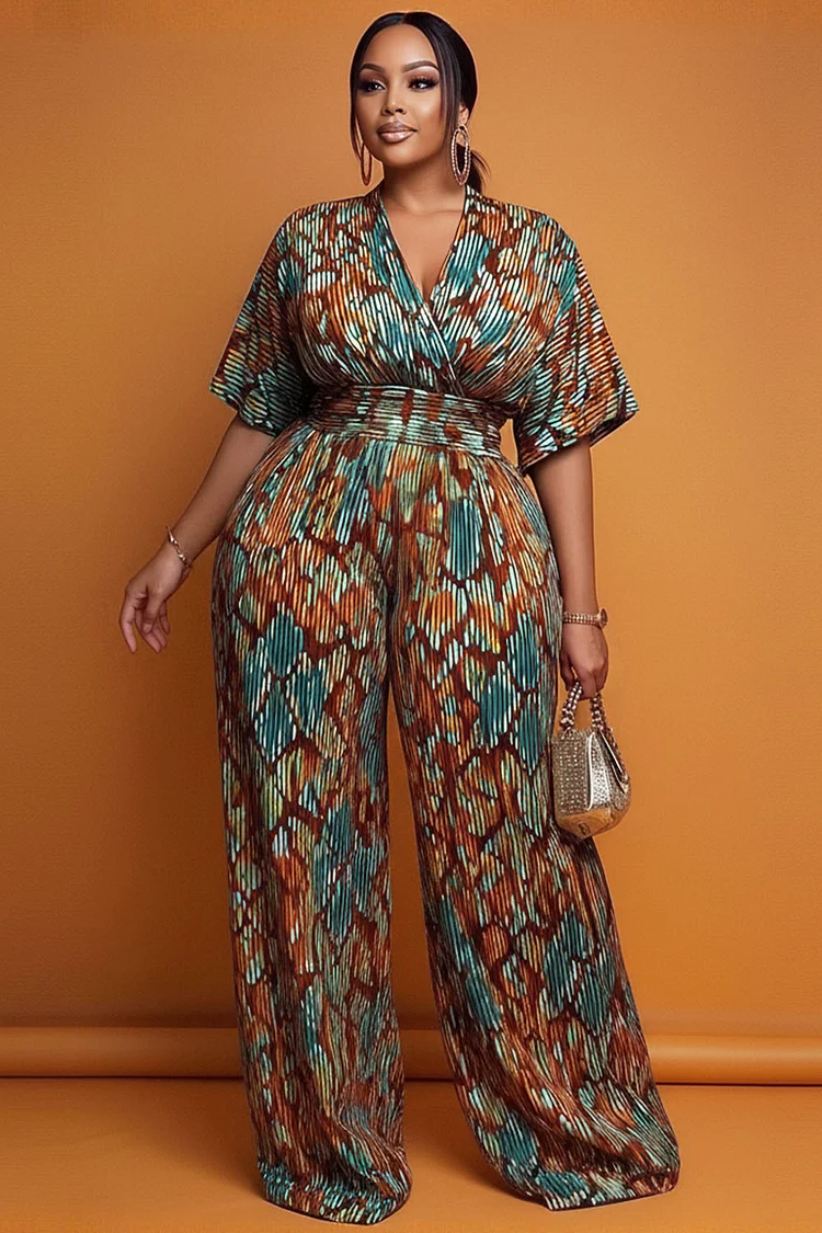 Xpluswear Design Plus Size Vacation Multicolor Ankara Wrap Neck Short Sleeve Pocket Jumpsuits [Pre-Order] 2024 - Xpluswear