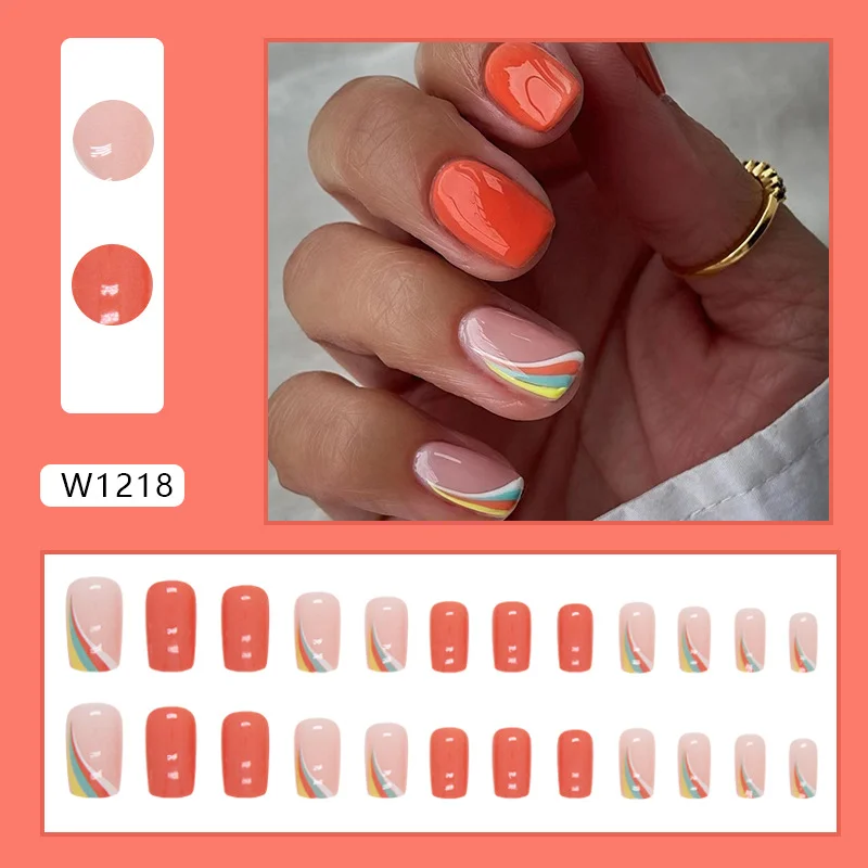 Churchf Churchf And Long European Square Simple Stripes Multi-Color Rainbow Nail Fashion Ins Wind Warm Orange Beauty Nail Film