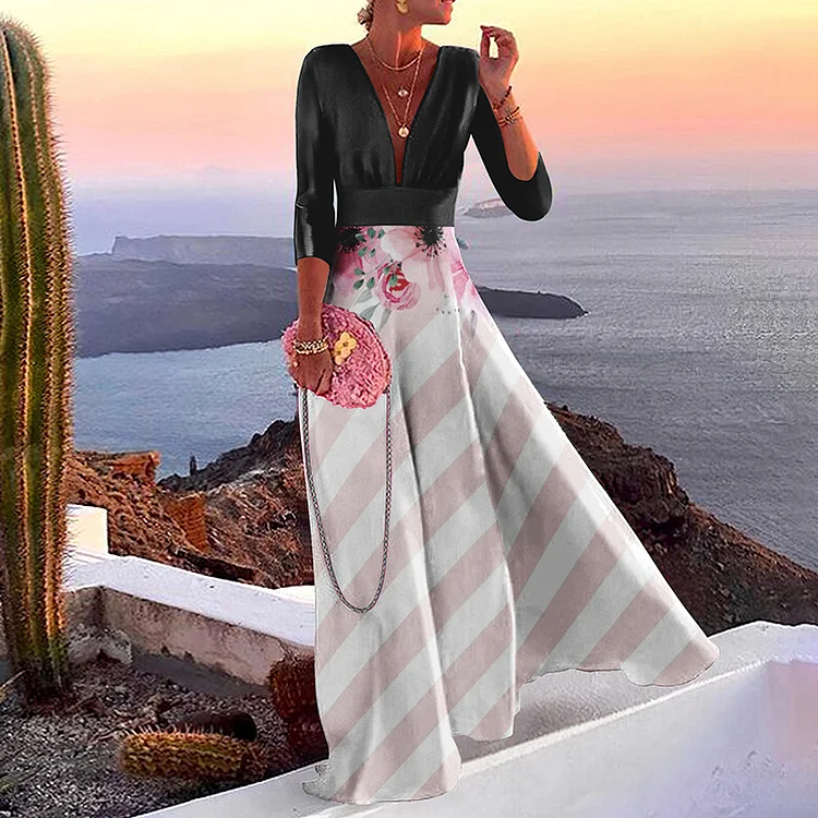 Vefave Floral Stripe Print Maxi Dress