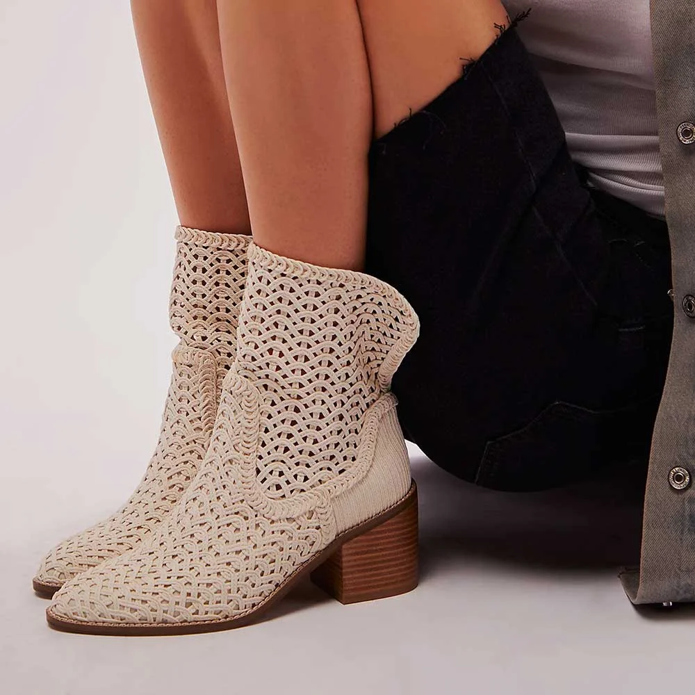 Ivory Almond Toe Crochet Detail Block Heel Ankle Boots for Women Nicepairs