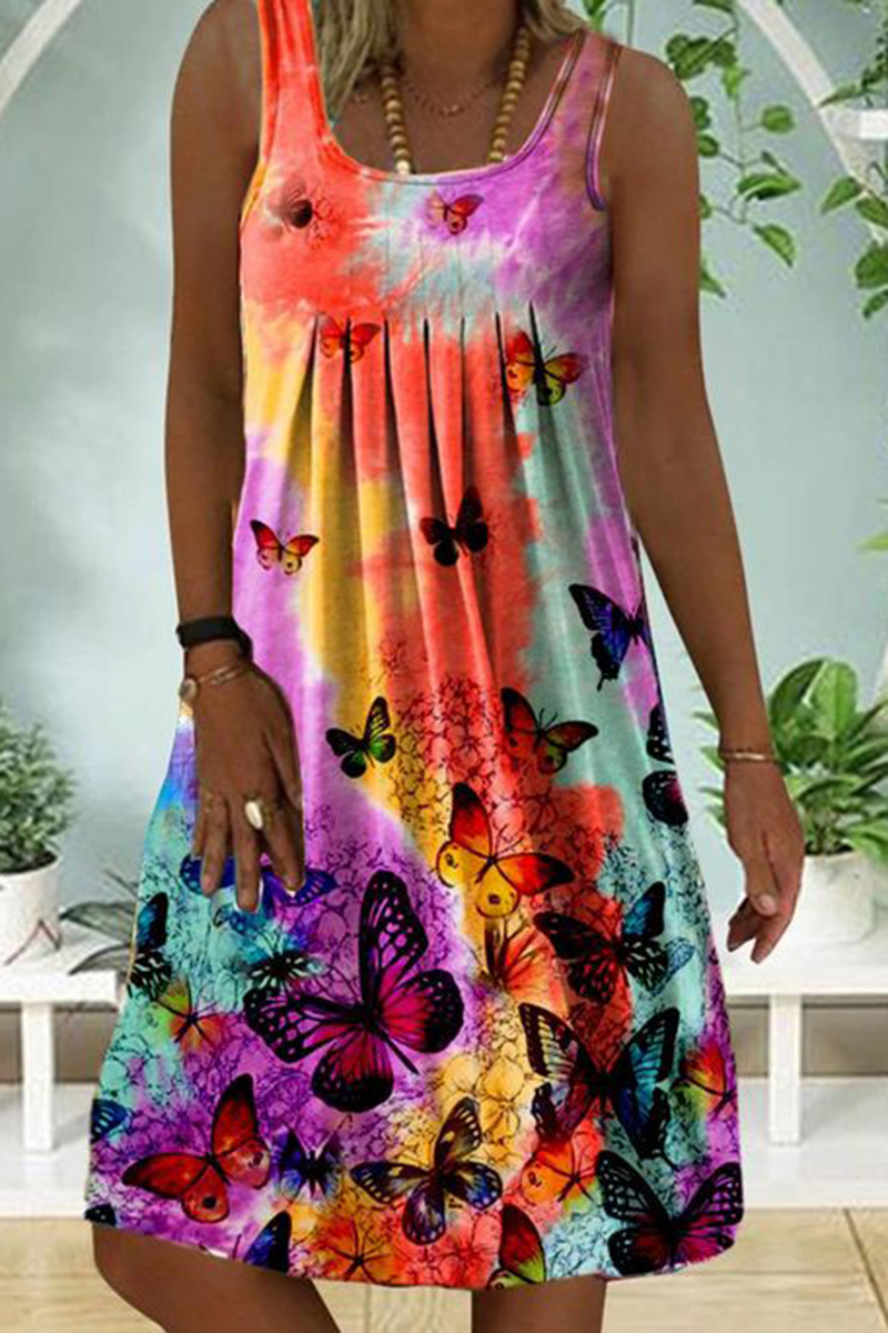 Plus Size Butterfly Tie Dye Print Pleated Sleeveless Midi Dress