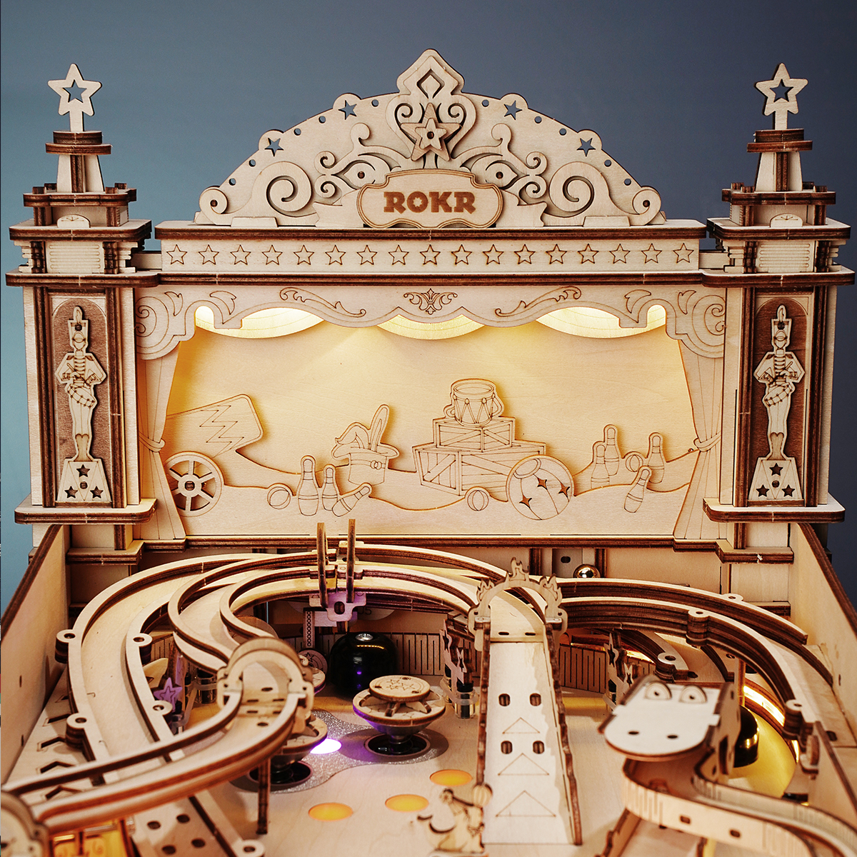 New pinball kit from ROKR. Laser cut wood kit, snaps together. No