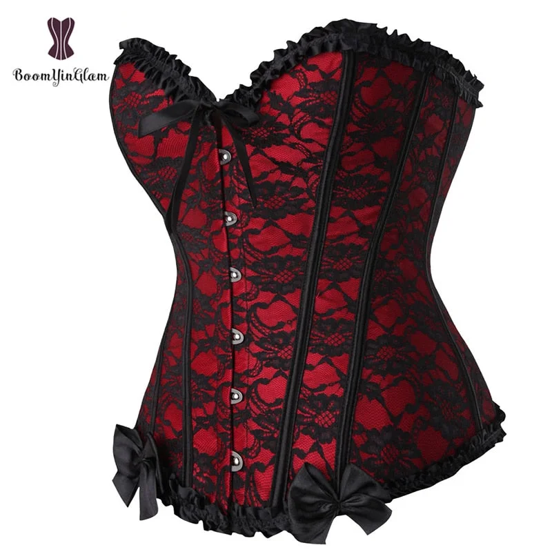 Red Women Mesh Grid Lingerie Basque Corselet Bustier Floral Lace Overlay Corset Overbust Plus Size 805#
