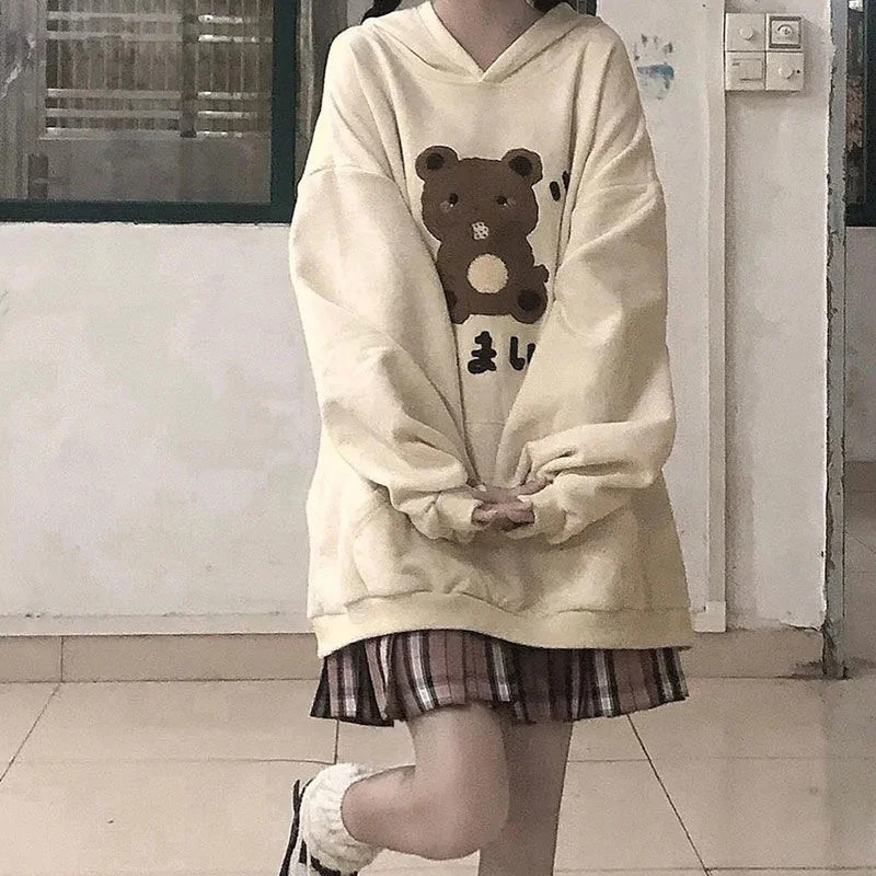 Cartoonh 2022 Spring Autumn Japanese Gothic Cartoon Hoodies Harajuku Women Cute Lolita Bear Hooded Sweatshirts Girly Punk Coats