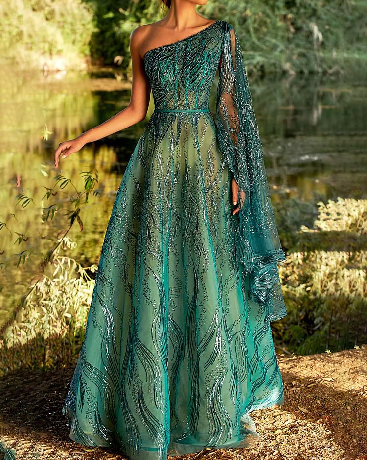sequined one-shoulder pouf dress