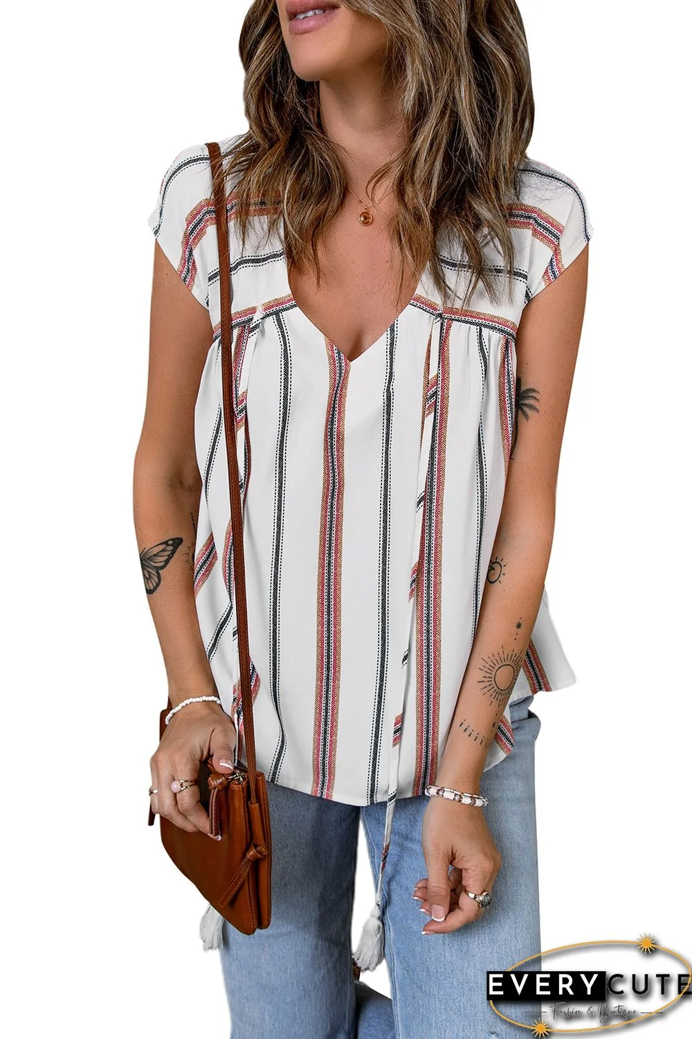 White Striped Print Loose V Neck Short Sleeve Top