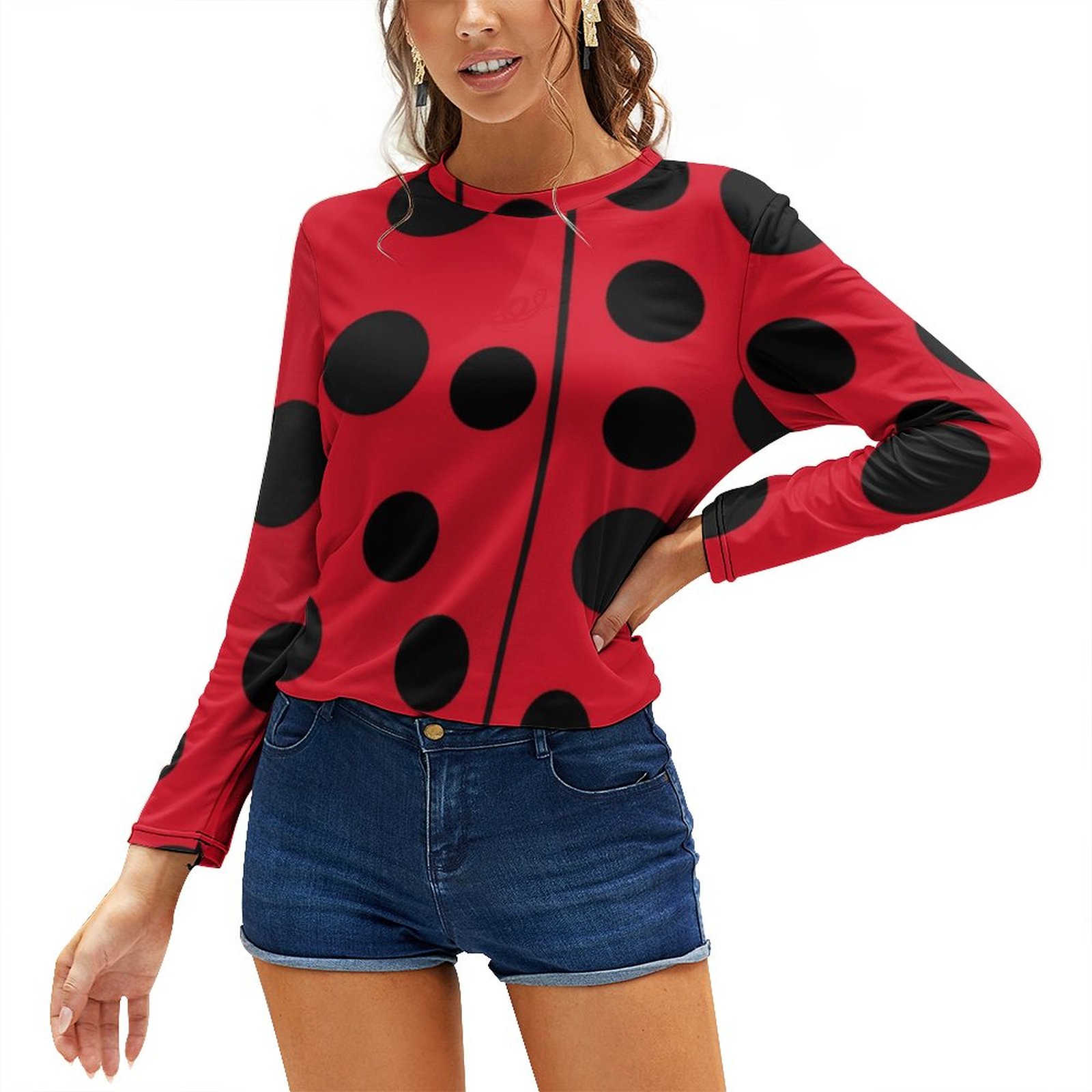 Ladybug Red And Black Spots Long Sleeve Print Round Neck Tee T-Shirt Tops