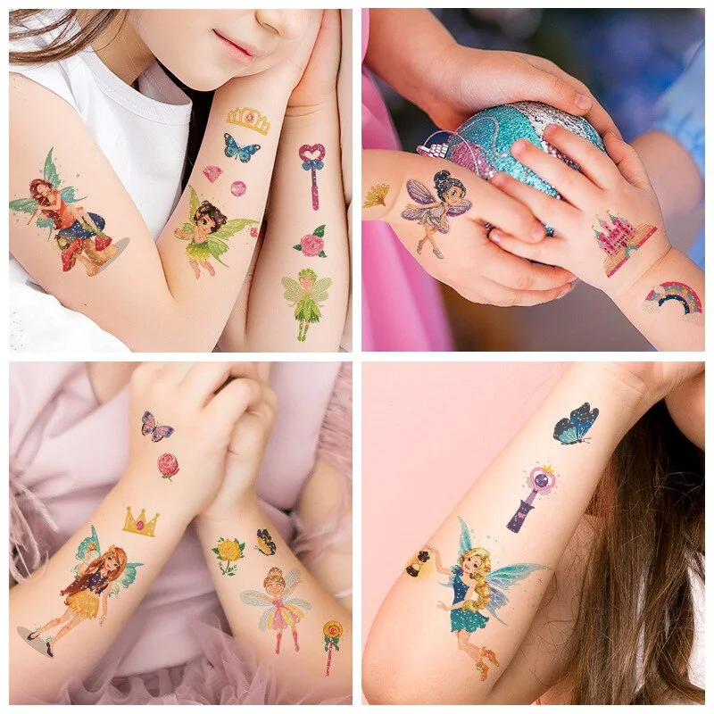 10 Kinds Glitter Powder Fairy Tattoos Butterfly Rainbow Castle Flowers Temporary Body Stickers Disposable Children Party Makeup