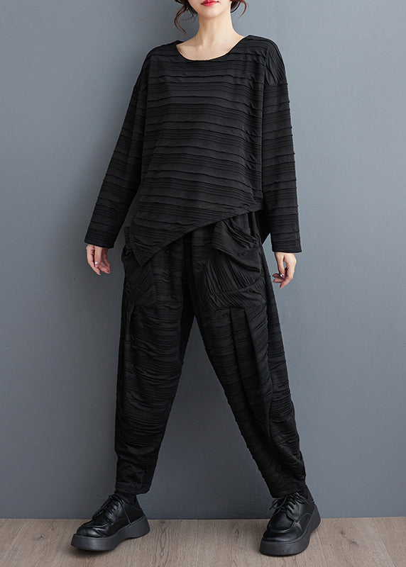 VCSHOES Loose Black Wrinkled Patchwork Tops And Harem Pants Cotton Two Pieces Set Fall