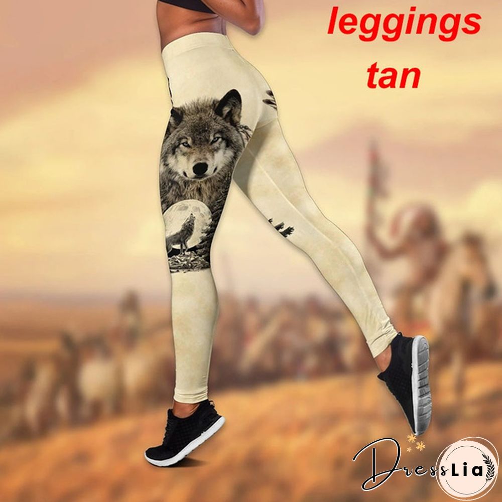 Women Wolf Native American 3D All Over Printed Legging + Hollow Tank Sleeveless Shirt Summer Vest for Women Plus Size Yoga Tank Tops Leggings Suit