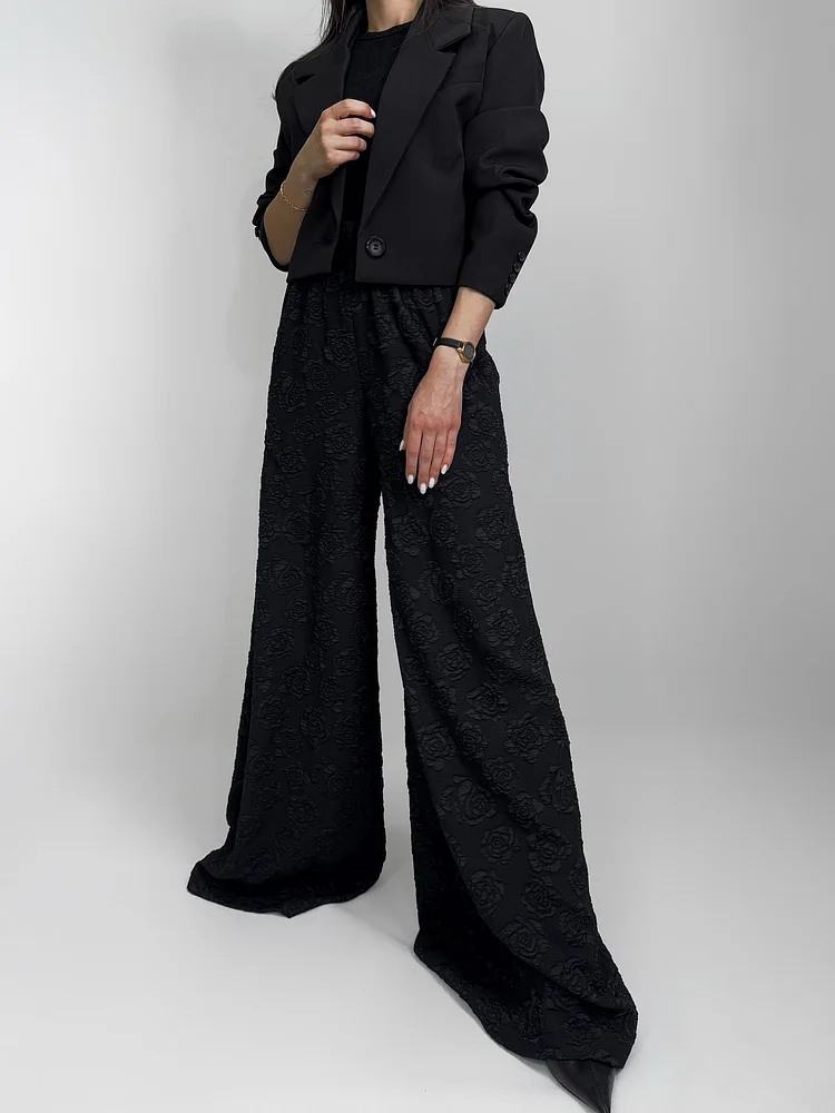 Black Rose Jacquard Wide Leg Pants