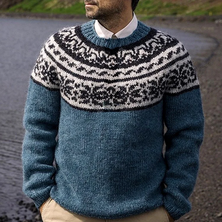 Comstylish Retro Lake Blue Jacquard Iceland Crew Neck Sweater