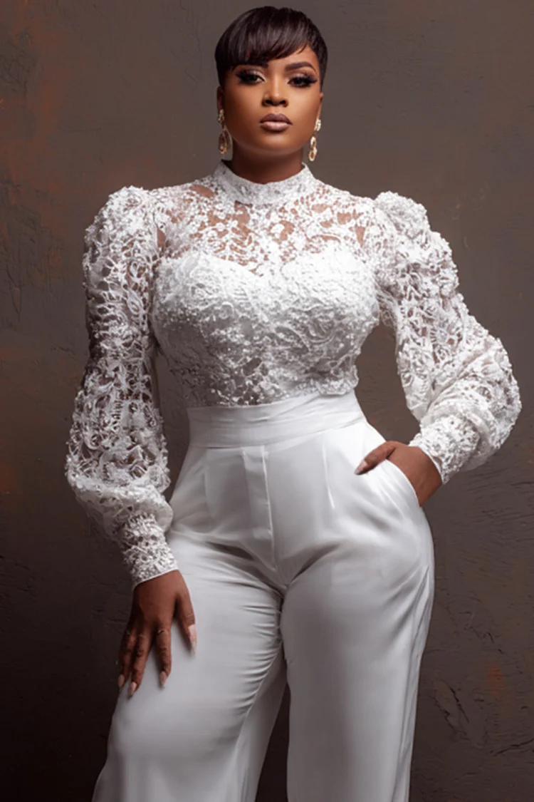 Xpluswear Design Plus Size Cocktail Party White Long Sleeve See Through Elegant Pocket Lace Jumpsuits [Pre-Order]