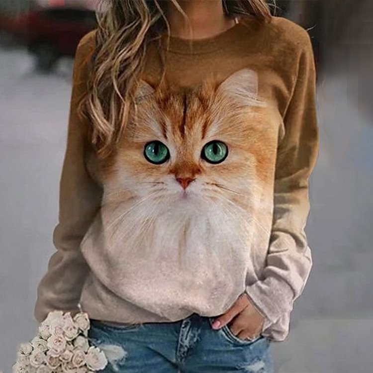 Comstylish Cat Print Crew Neck Long Sleeve Casual Sweatshirt