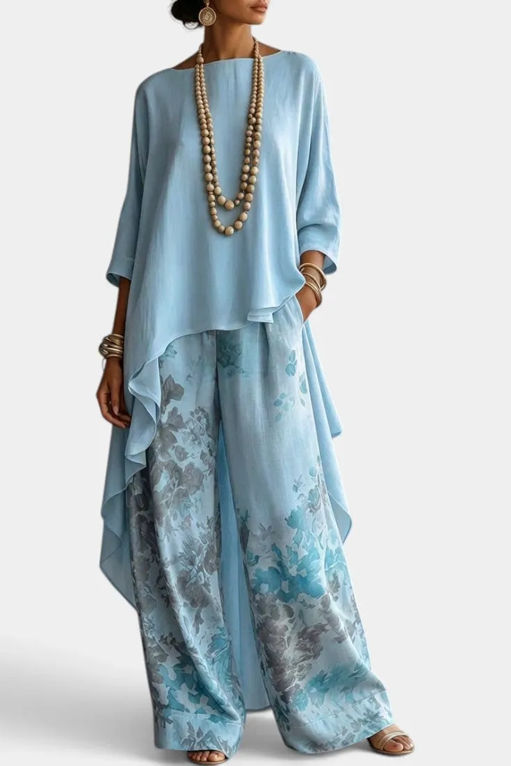 Asymmetric Top & Floral Wide-Leg Trousers Set