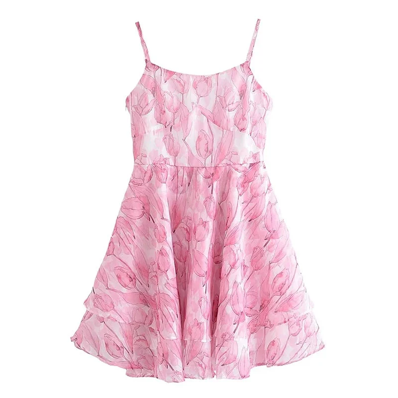 Tlbang Sweet Women Pink Floral Print Sexy Sling Mini Dress Sleeveless Female A-line Mini Summer Dresses Holiday Robe