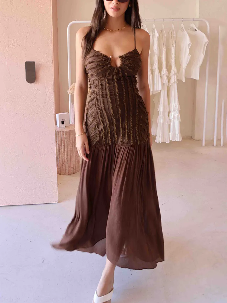 Elegant Metal Cutout Textured Pleated Maxi Dress