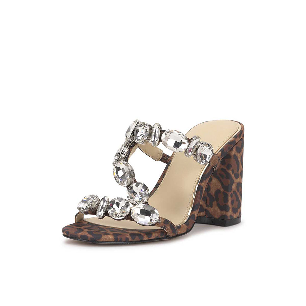 Brown Leopard Print Open Toe Block Heel Rhinestone Strappy Sandals Nicepairs
