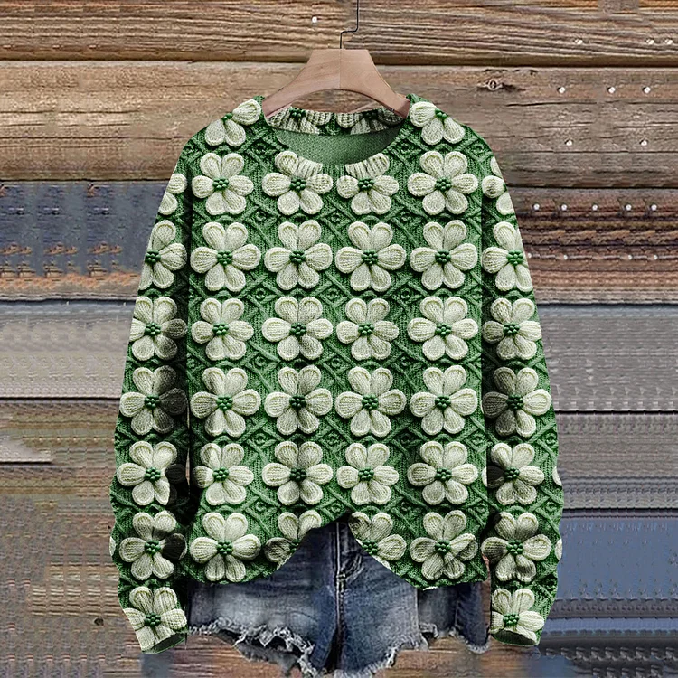 VChics St. Patrick's Day Shamrock Print Knit Pullover Sweater