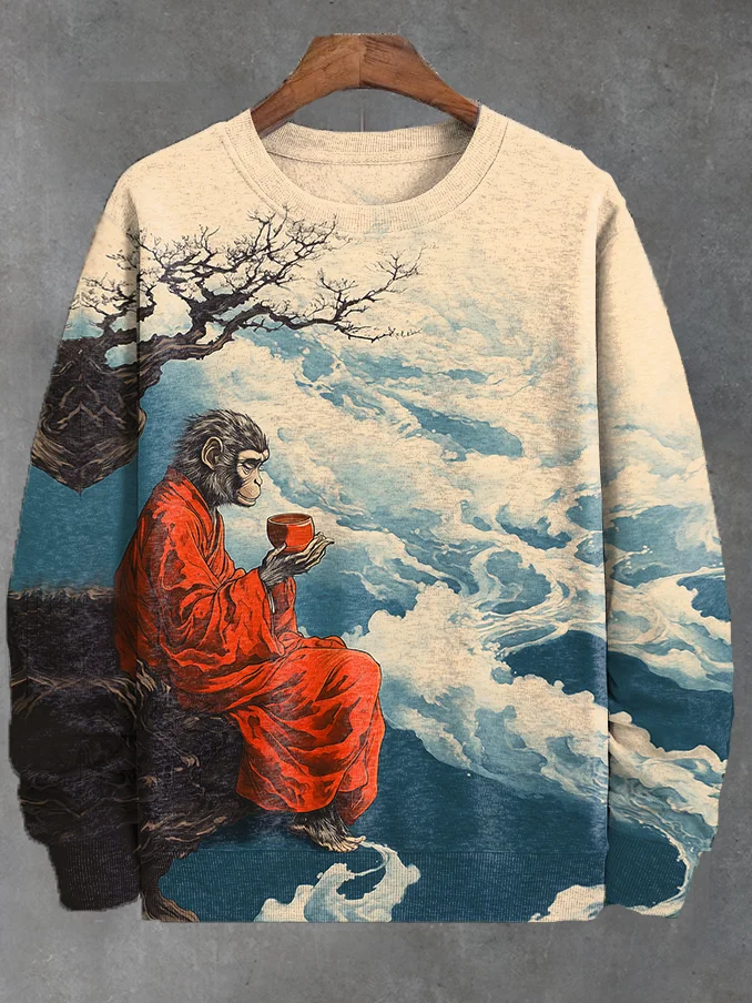 Men's Monkey Flying In The Clouds Drinking Tea Ink Painting Sweatshirt