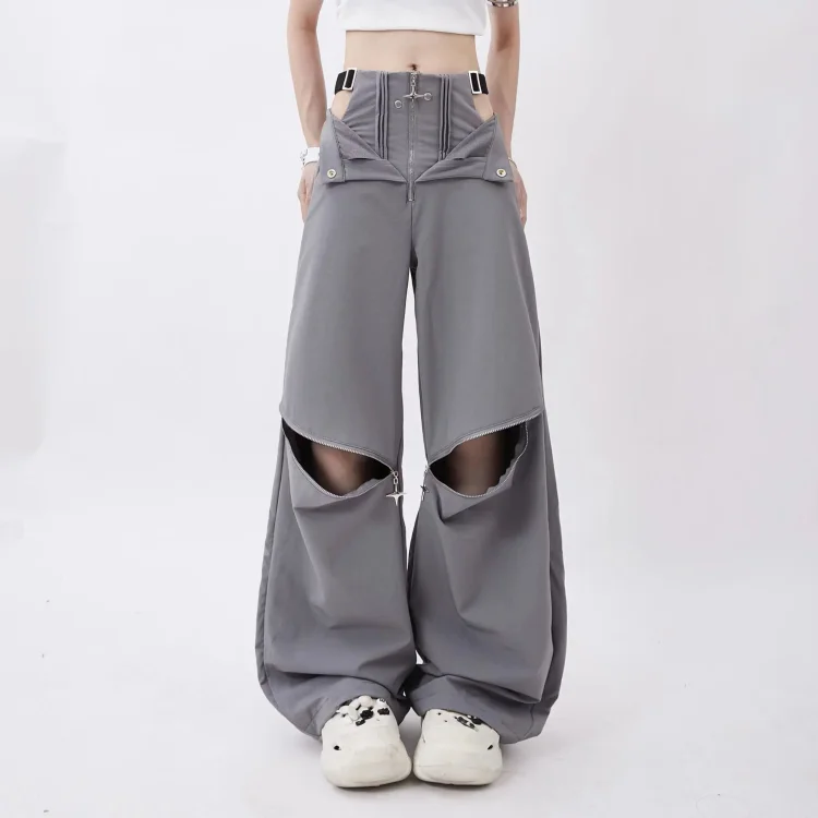 Eslicerpro American women solid color fashion zipper overalls high waist metal retro Korean style ins women loose casual pants