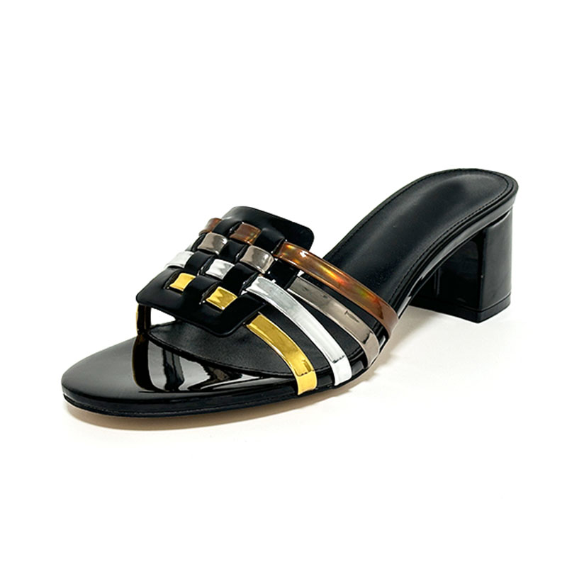 Gold Weave Mules Shoes Woman Open Toe High Heels Slippers Lady Gladiator Sandals