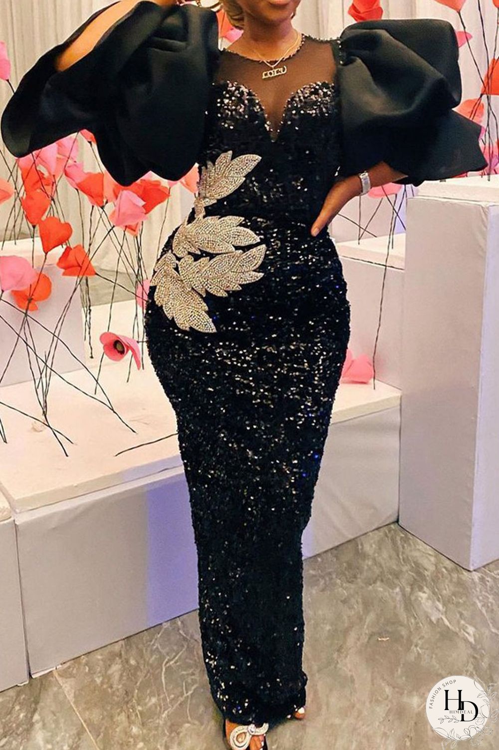 Black Casual Elegant Print Embroidered Split Joint O Neck One Step Skirt Dresses