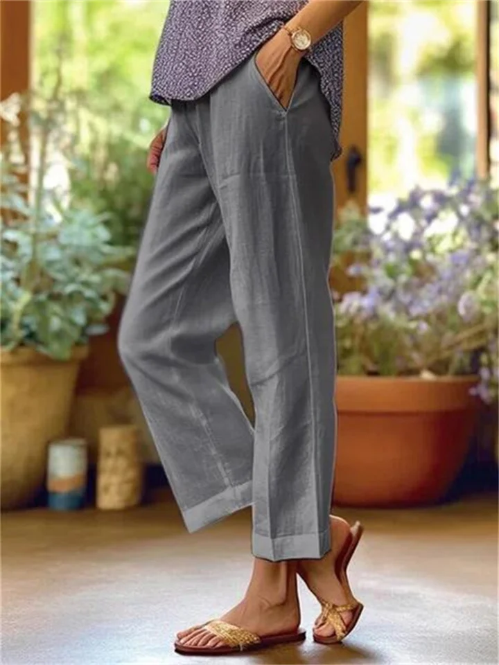 Women's Cotton Linen Loose Solid Color Elastic Waist Straight Casual Pants Plus Size Nine Pants-JRSEE