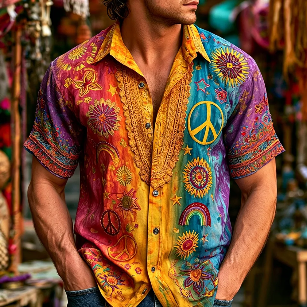 Comstylish Men's Hippie Peace Symbol And Floral Art Tie-dye Casual Loose Shirt
