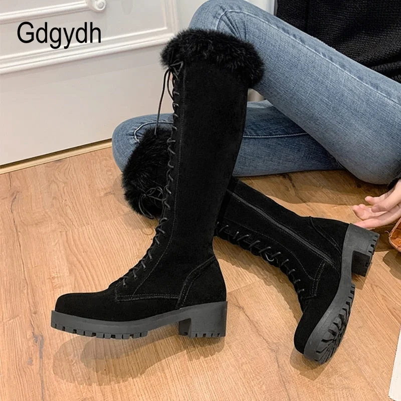 Gdgydh Fashion Rabbit Fur Snow Boots For Women Rubber Sole Knee High Boots Winter Warm Shoes Chunky Heel Faux Suede Plus Size