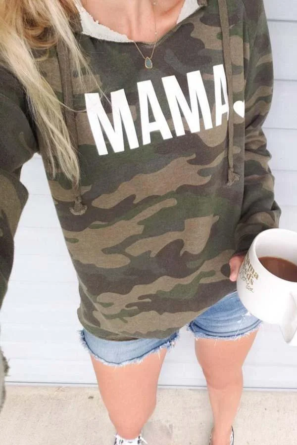 Long Sleeve Camouflage V Neck Hooded Top-Allyzone-Allyzone