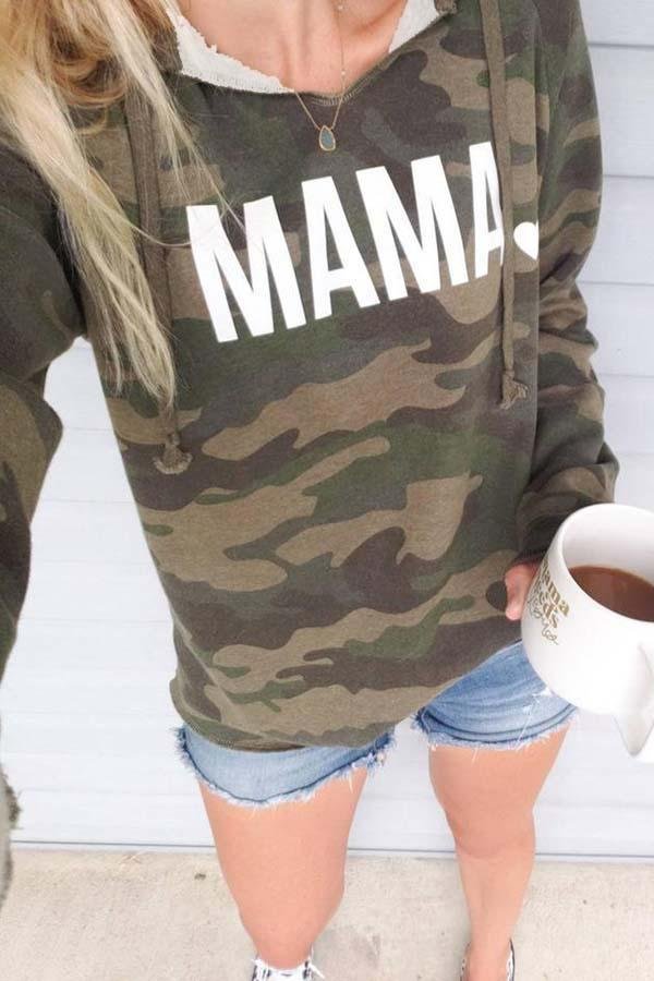 Long Sleeve Camouflage V Neck Hooded Top-Allyzone-Allyzone