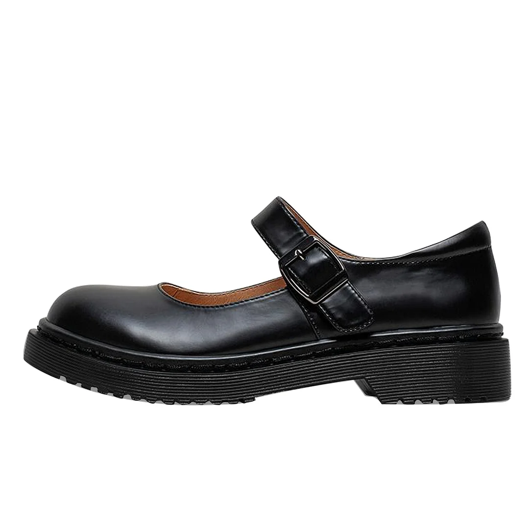 Black Vegan Leather Round Toe Comfy Formal Mary Jane Shoes 