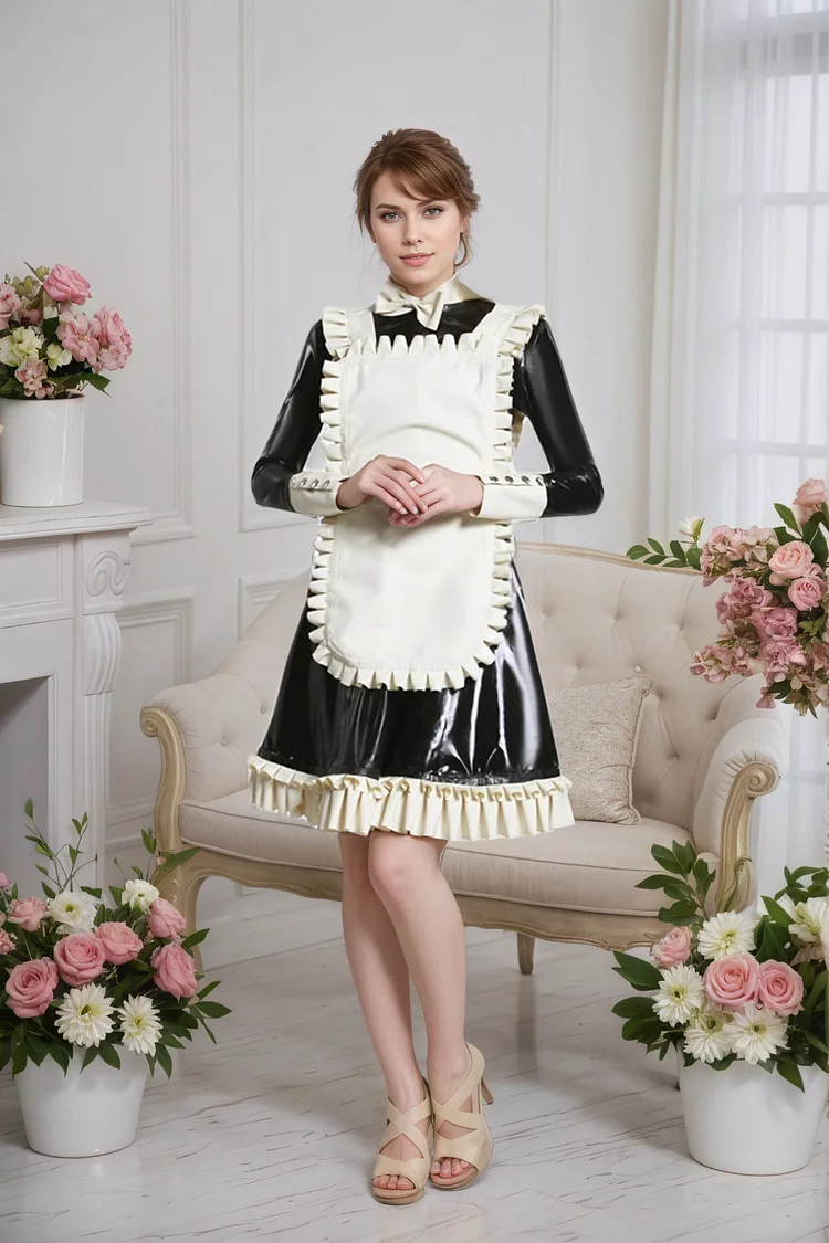 Women Latex dress Maid Uniform - 'Plus Benefits' - Black & White