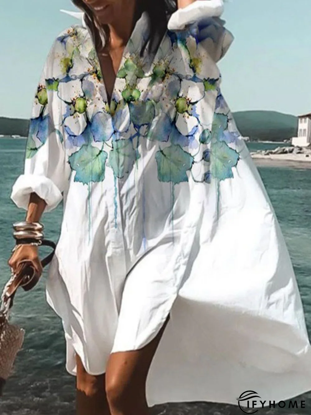 Floral Printed Shawl Collar Holiday Long Sleeve Casual Weaving Dress | IFYHOME