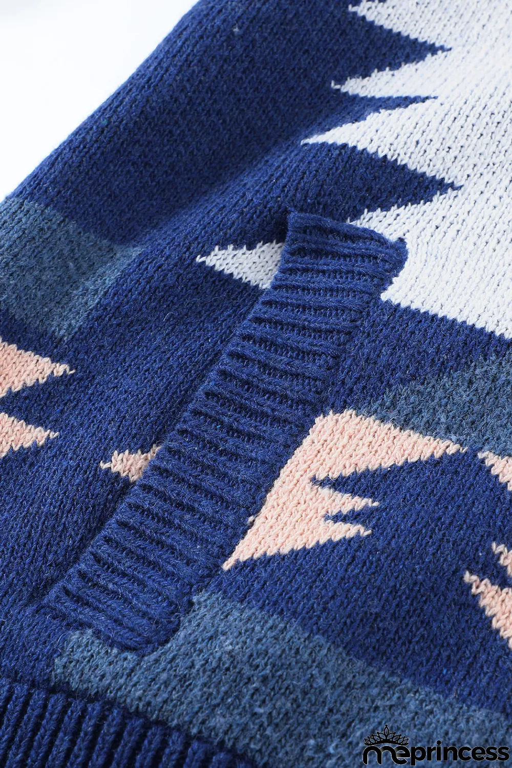 Blue Retro Jacquard Pattern Buttoned Front Hooded Sweater