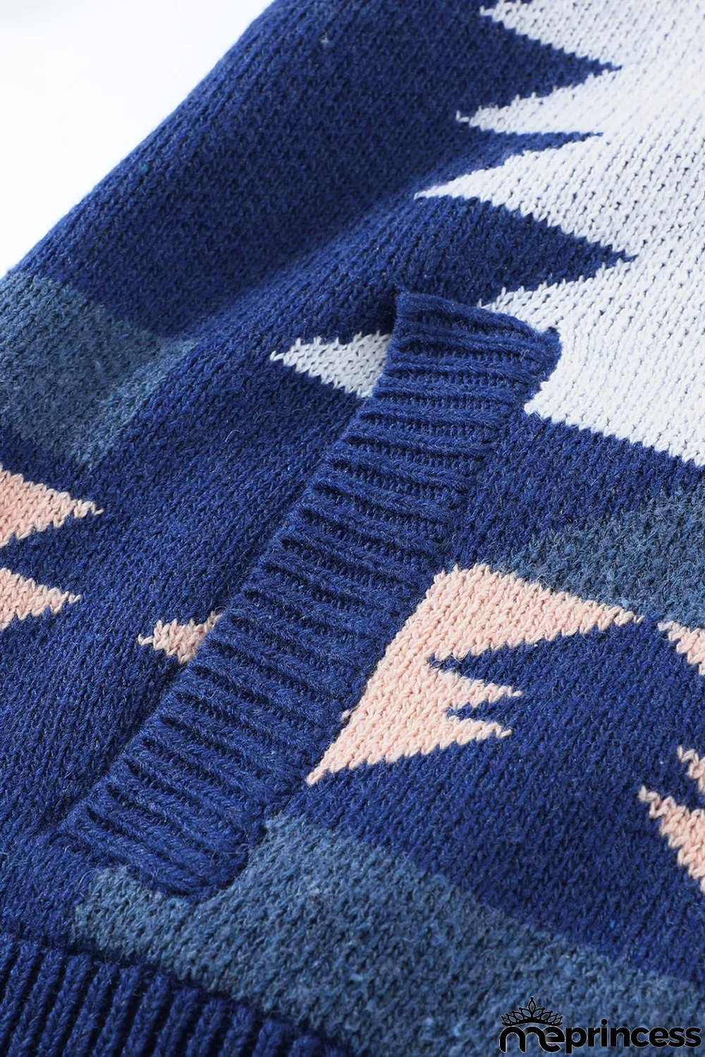 Blue Retro Jacquard Pattern Buttoned Front Hooded Sweater