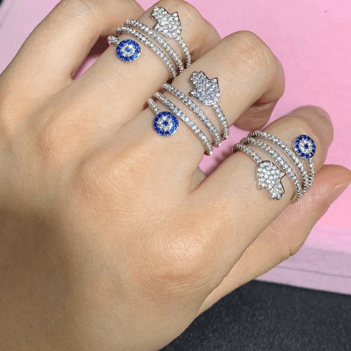 White Blue Zircon Fatima Hamsa Hand Round Eye Women Rings-VESSFUL