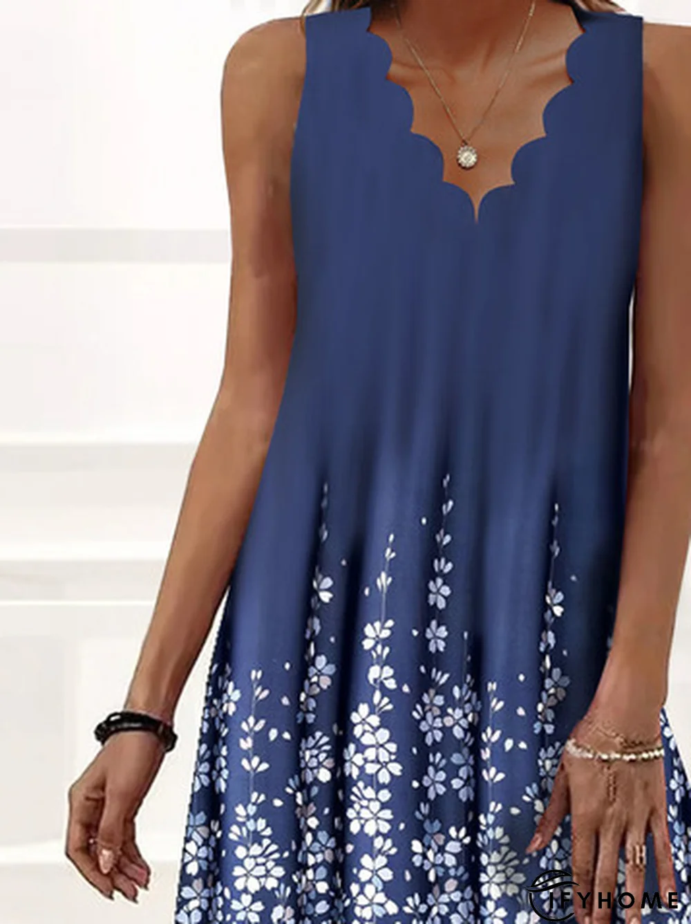 Vacation Floral Plants Casual Loosen Devore V Neck Midi Sleeveless Woven Dress | IFYHOME