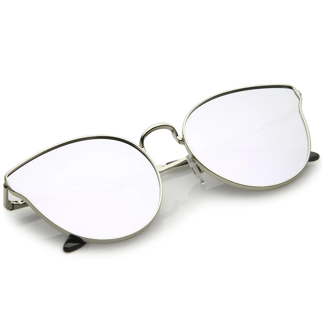 Premium Metal Cat Eye Sunglasse With Slim Arms And Round Colored Mirror Flat Lens 54mm