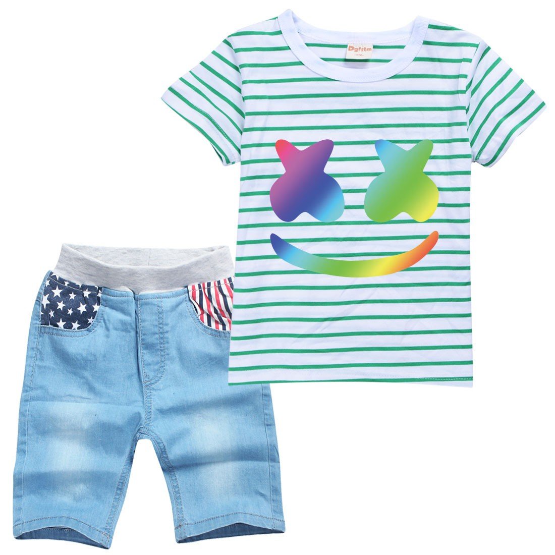 Girls Striped Dj Marshmello Ma Print Boys T Shirt Denim Shorts Suit-Mayoulove