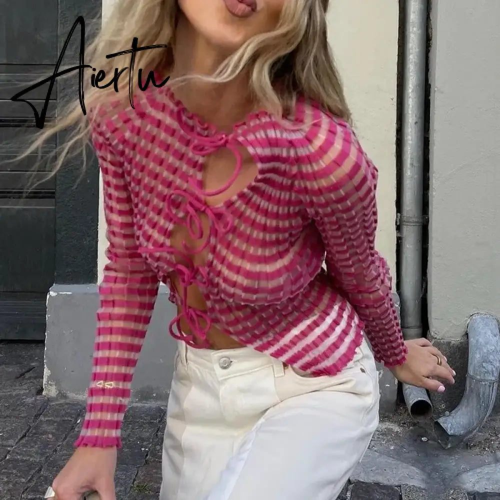 Stripe Knitted Sexy Tie Front Tops for Women Fashion Outfits Streetwear Slim Long Sleeve T-Shirts Tops Clothes Aiertu