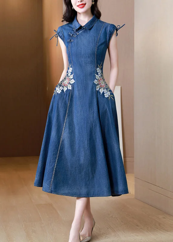 Boho Blue Embroideried Pockets Patchwork Denim Dresses Summer