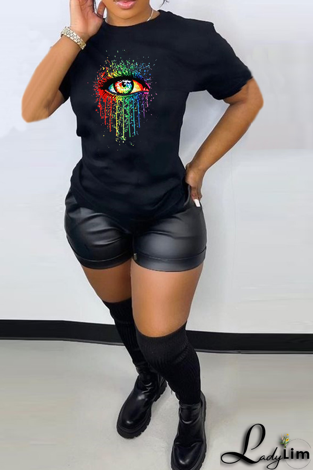 Black Fashion Street Eyes Printed Split Joint O Neck T-Shirts