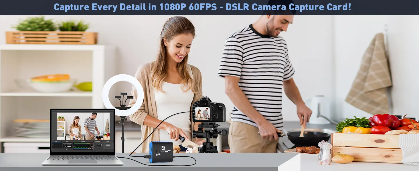 DSLR 1080P 60FPS capture card: camera, laptop, ring light, kitchen cooking recording and streaming
