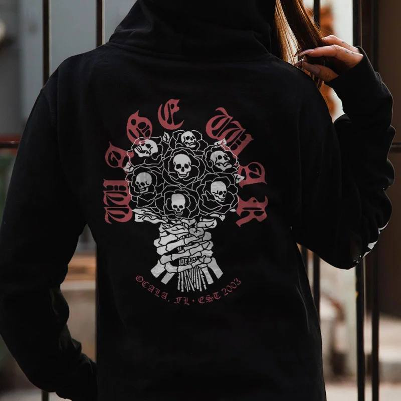 Bouquet of Skull Flowers Deadly Romance Casual  Black Print Hoodie