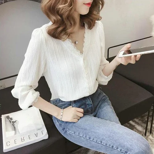 Women Blouses V-neck Chiffon Summer Solid Korean Style Lace Lined Female Button Elegant Slim Ulzzang Leisure All-match Simple